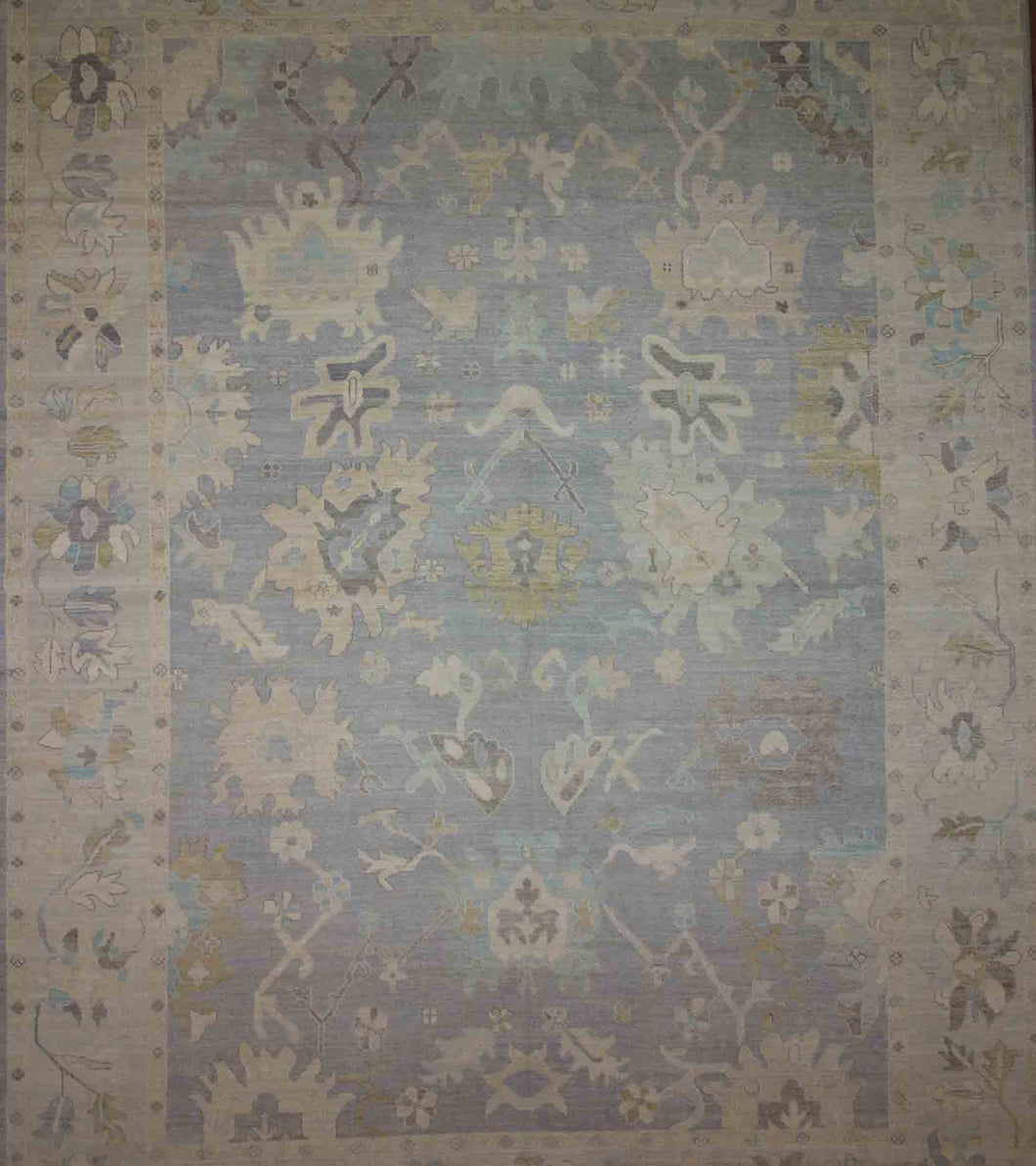 Hand-Knotted Vegetable Dye Muted Blue Oushak Turkish  Area Rug 10x14